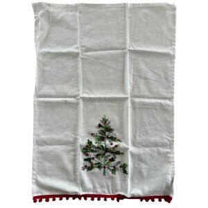 Rachel Zoe Embroidered Christmas Tree Kitchen Towel Red Pom Trim Cotton